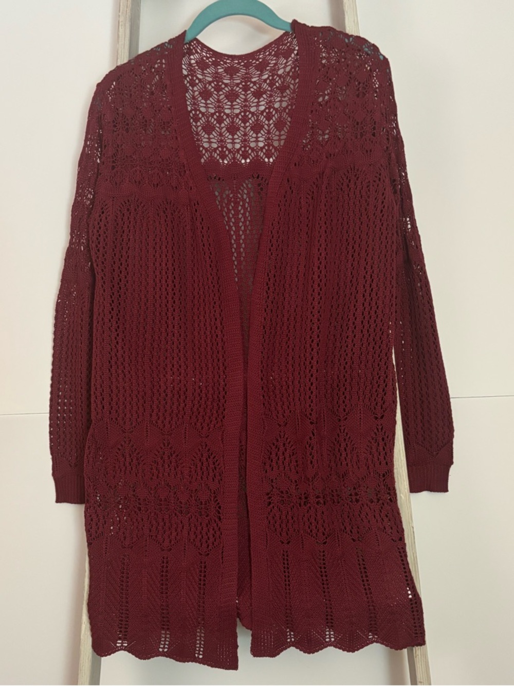 Women’s Open-Front Crochet Cardigan — Burgundy